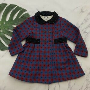 Petit Confection Girls Retro Coat Size 5 Blue Red Double Button Peter Pan Collar